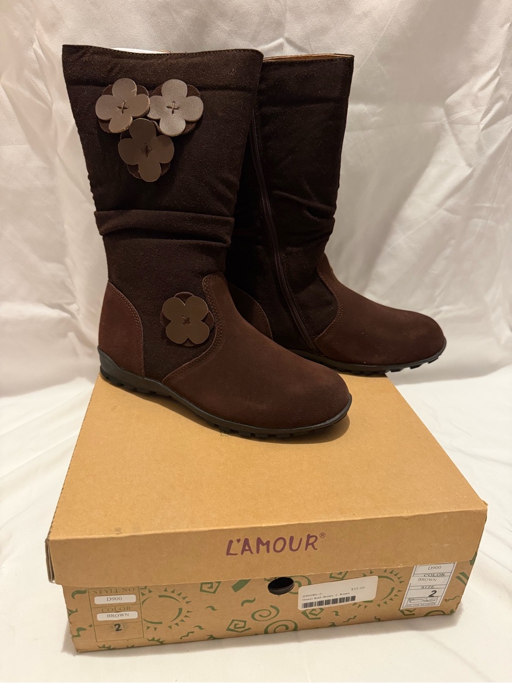 L'Amour Flower Boots Girls Size 2 Brown Tall Boots Side Zip Suede - NIB